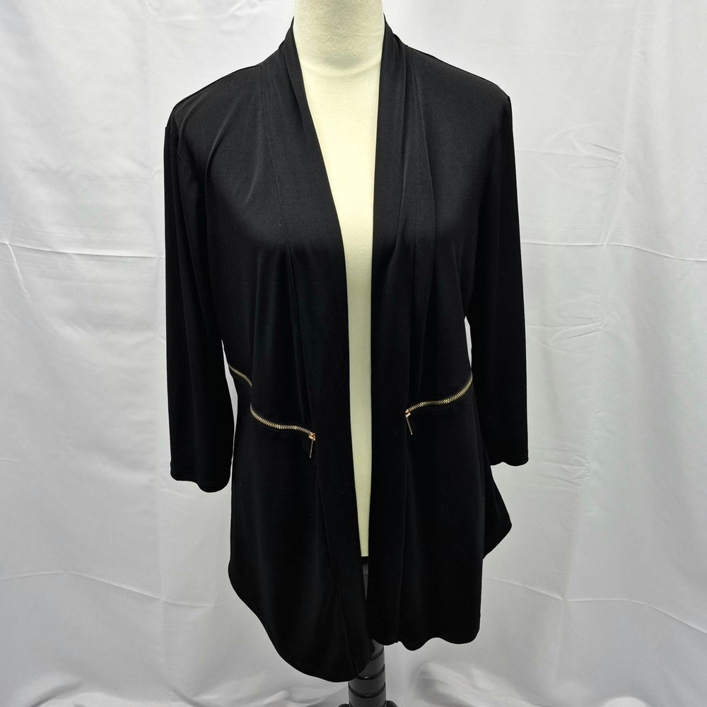 Ellen Tracy Black Draped Open-Front Cardigan Gold Zip Detail Woman's Large - Picture 1 of 13